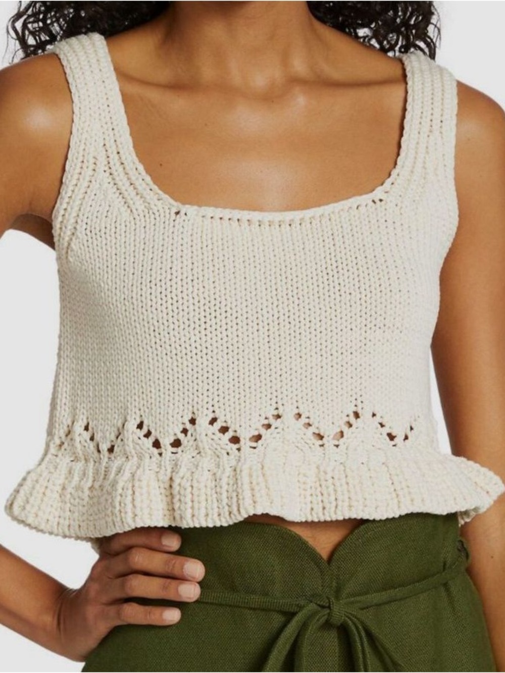ba&sh Cream Knit Ruffle Hem Crop Top